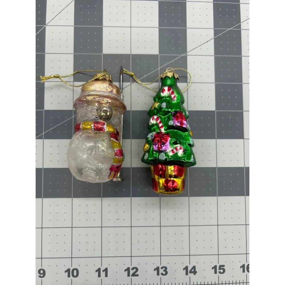 Lot of 2 Christmas Tree‎ & Snowman Glass Christmas Ornaments